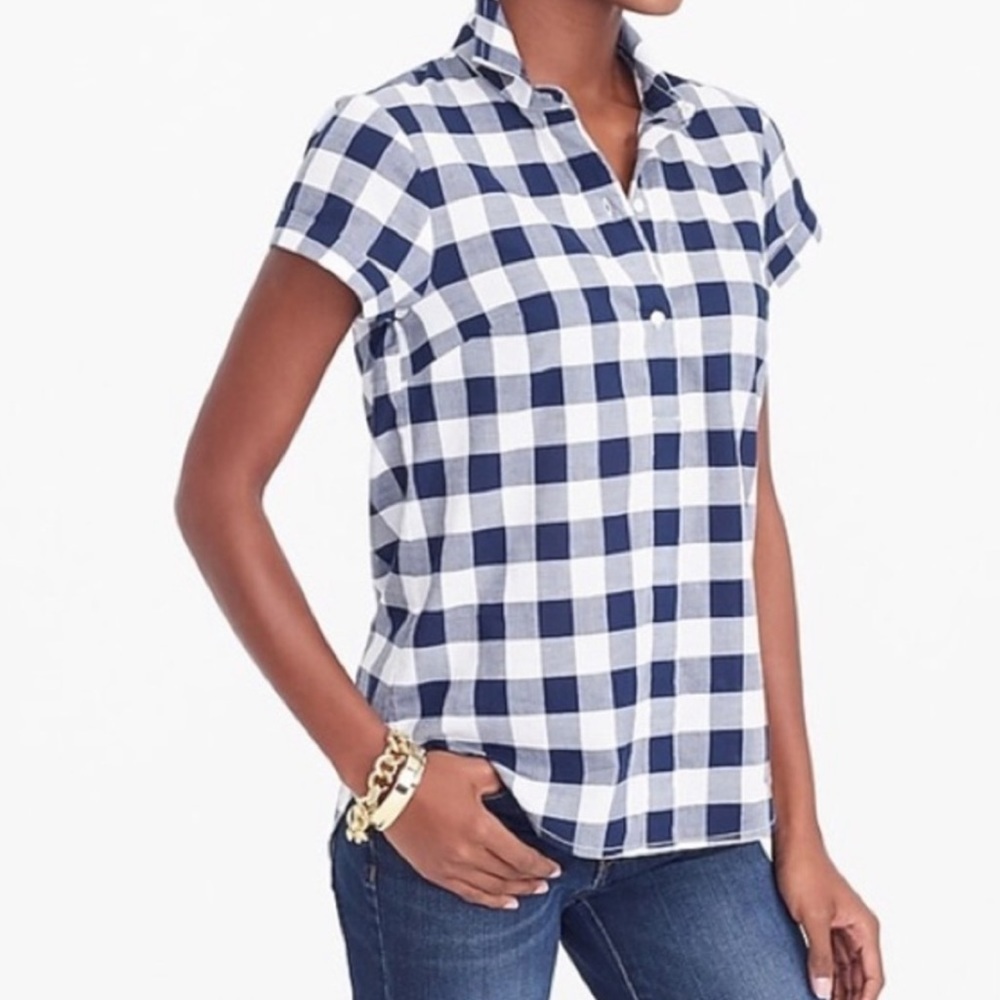 J. Crew Mercantile Check Blue White Short Sleeve 1/4‎ Button Blouse Pullover NWT